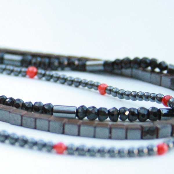 Red dots - delicate multistrand magnetite, black spinel, red coral and sterling silver necklace