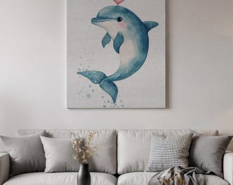 Impresión en lienzo de delfín en acuarela, decoración de pared para habitación infantil