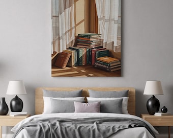 Cozy Book Nook Canvas Wall Art, Vintage Book Stack Decor for Reading Lovers, Library or Study Room Aesthetic, Literature-Inspired Print