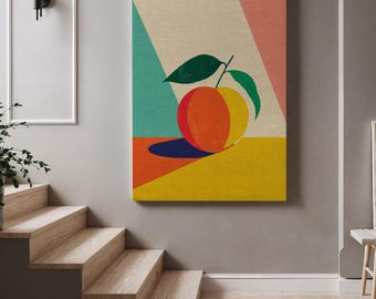 Retro brzoskwiniowy płótno ścienne w stylu art deco z kolorowym nadrukiem owoców w stylu mid-century modern w kuchni do zabawnych, kochających sztukę wnętrz