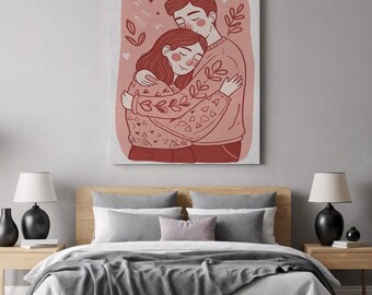 Couple Hug Wall Art, Warm Minimalist Canvas Print, Romantic Bedroom Decor, Emotional Couple Illustration, Gift For Anniversary Or Love