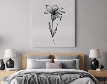 Minimalistyczna grafika na płótnie z motywem lilii, czarno-biały rysunek kwiatowy, elegancka dekoracja ścienna z motywem botanicznym do nowoczesnych i naturalnych wnętrz