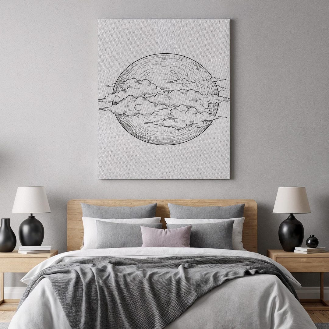 Full Moon Canvas Wall Art – Minimalist Line Drawing With Clouds on ...