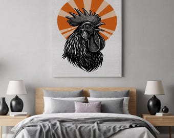Haan hoofd canvas muurkunst, gedurfde boerderij dieren illustratie print, rustieke landelijke keukendecor met zonsopgang grafische achtergrond