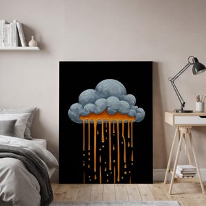May include: A canvas art print showing a stylized cloud illustration. The cloud is grey and textured, set against a black backdrop. Orange-yellow drips cascade from the cloud's base. This is a modern, abstract artwork, suitable for home decor.