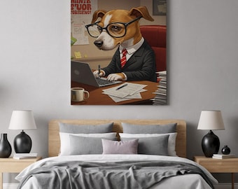 Business Hund Wanddekorkunst, lustiges Tier Bürodruck, Anzug und Krawatte Hund Leinwand, schrullige Arbeitsdekoration, moderne Wandkunst für zu Hause oder im Büro