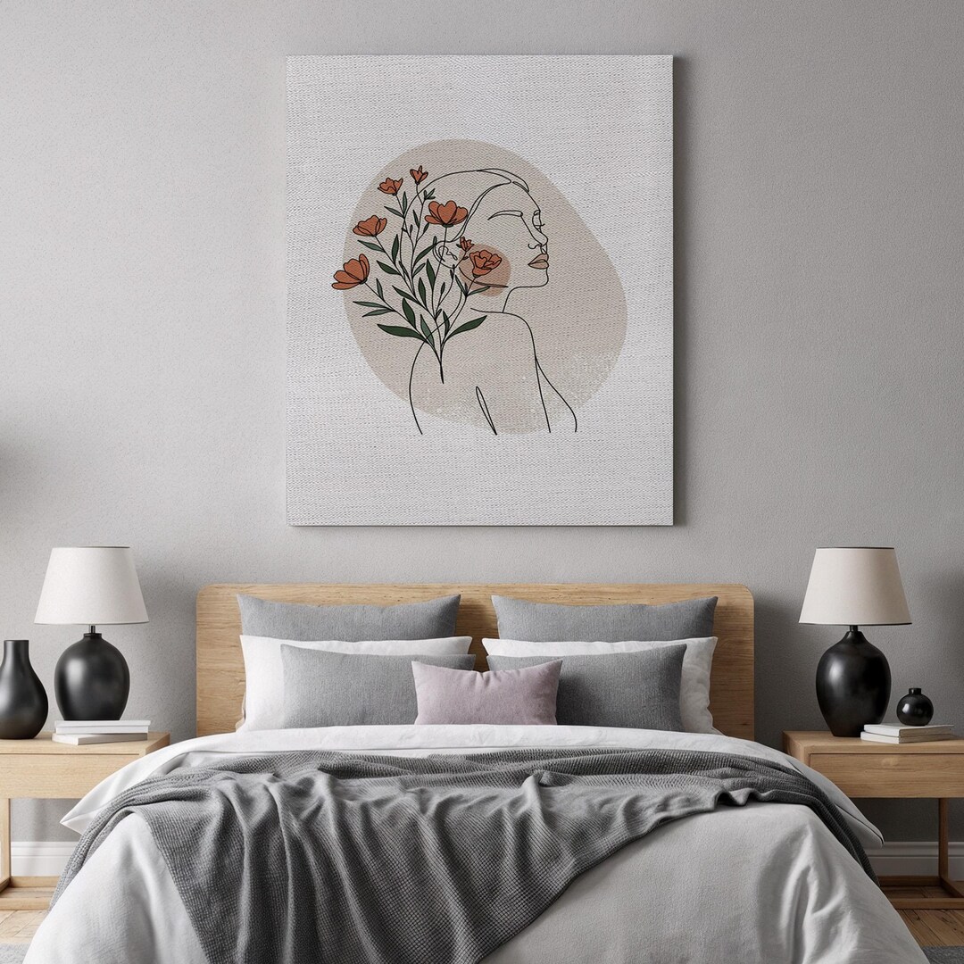 Minimalist Floral Line Art Canvas, Modern Woman With Flowers Print ...