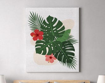 Lienzo decorativo tropical botánico con palmeras y monstera, flores de hibisco rojo y vibrantes motivos veraniegos para dormitorio o casa de playa.