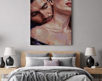 Sensual Couple Wall Art, Intimate Love Canvas Print, Passionate Modern Artwork, Romantic Bedroom Decor, Emotional Expressionist Style