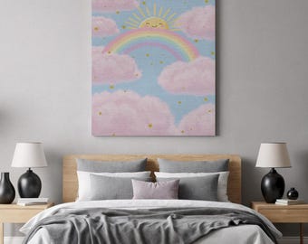 Lienzo decorativo de pared con diseño de sol y arcoíris, nubes pastel y un sol alegre, ideal para guarderías y habitaciones infantiles, decoración alegre para el hogar.
