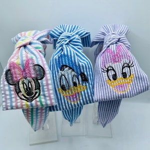Custom embroidered Disney seersucker bow headband Mickey Mouse, Minnie, Donald or Daisy