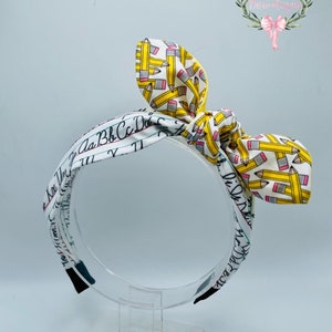 Custom school print pencils & letters fabric knotted bow headband. Perfect size for both girls and women