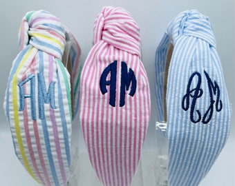 Custom monogrammed seersucker knotted headband