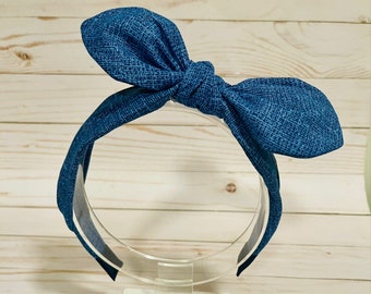 Custom blue denim knotted bow headband Perfect size for girls and women