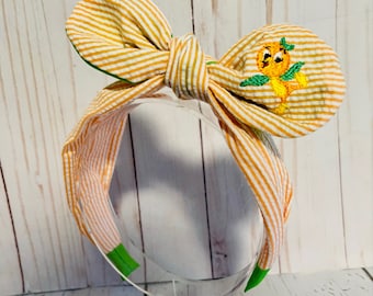 Custom embroidered Orange Bird seersucker knotted bow headband. Perfect for girls and woman