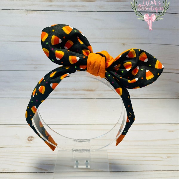 Custom made Halloween candy corn fabric knotted bow headband. Perfect size for both girls and women