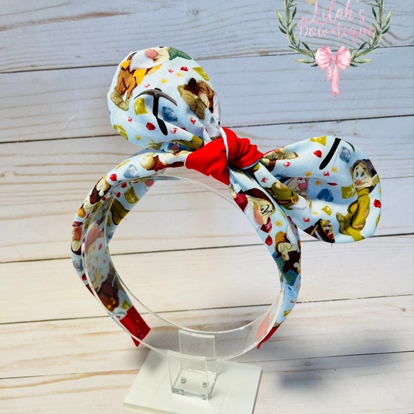 Custom Snow White  Seven Dwarfs Mine Train fabric knotted bow headband. Perfect for girls and women