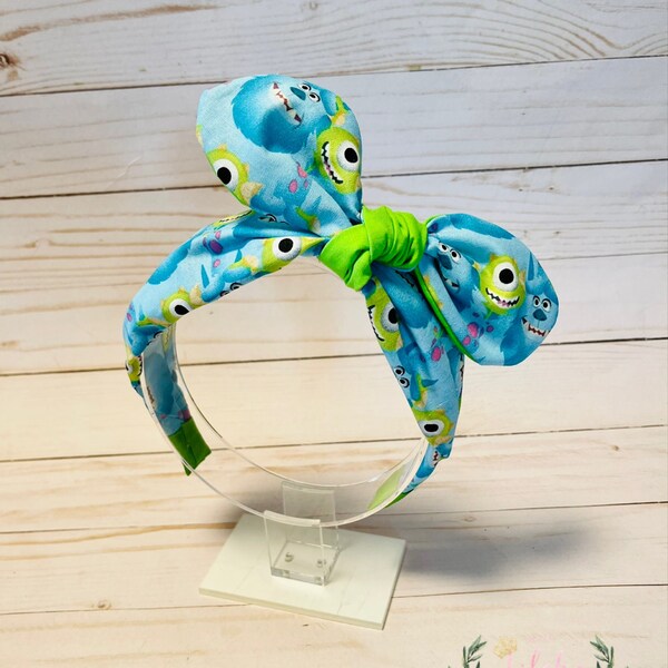 Custom Disney Monsters Inc Mike & Sulley fabric knotted bow headband  Perfect for girls and woman