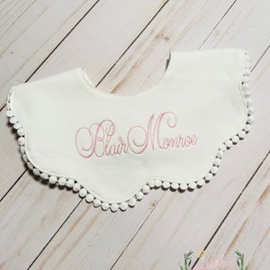 Custom monogrammed personalized embroidered scalloped drool bib, collar Birthday, baptism, Easter