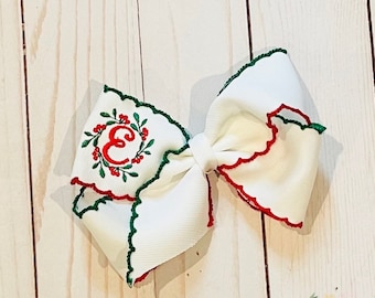 Custom embroidered monogrammed Christmas holly moonstitch ribbon bow