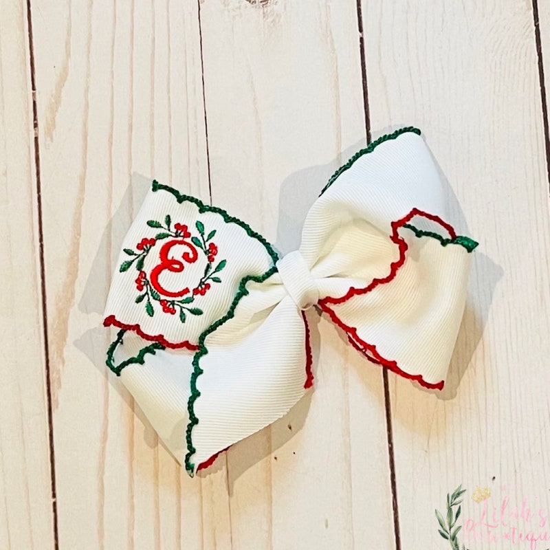 Custom Embroidered Monogrammed Christmas Holly Moonstitch Ribbon Bow