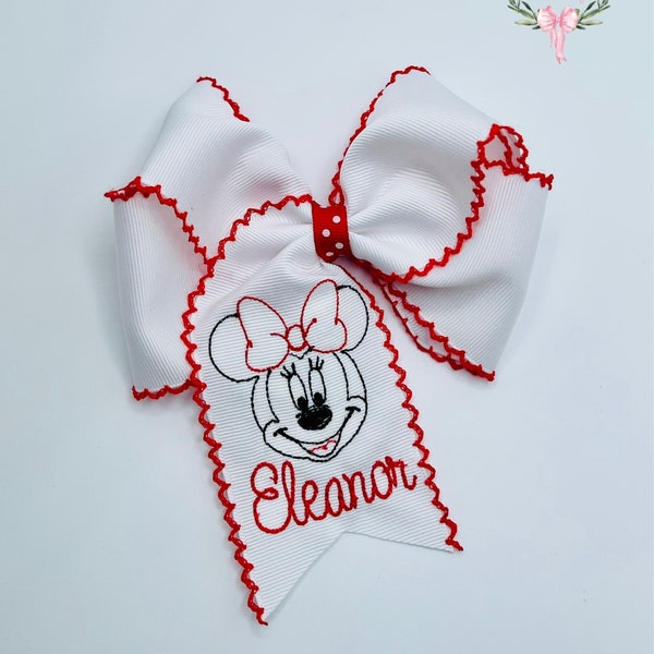 Custom boutique embroidered personalized Minnie Mouse moonstitch ribbon hair bow