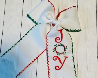 Custom embroidered  Christmas joy holly moonstitch ribbon bow