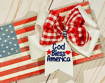 Custom personalized boutique embroidered God Bless America patriotic July 4th hair bow on clip or headband for babies, toddlers & girls