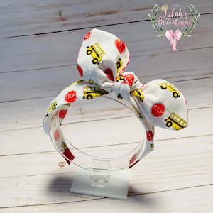 Custom school bus & gingham fabric knotted bow headband. Perfect size for both girls and women