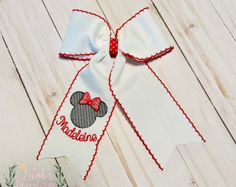 Custom  embroidered personalized Minnie Mouse moonstitch ribbon hair bow