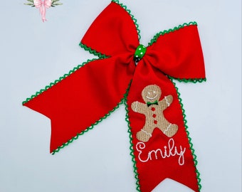 Custom embroidered personalized gingerbread man moonstitch ribbon bow