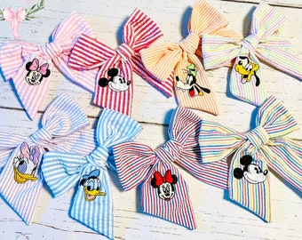 Custom embroidered Disney hand tied seersucker bow Mickey Mouse, Minnie, Donald, Daisy, Goofy & Pluto