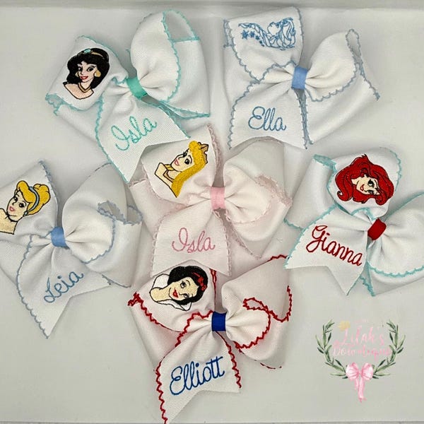 Embroidered Disney personalized  princess moonstitch hair bow Cinderella, Belle, Snow White, Ariel, Jasmine, Elsa or Aurora + Tinkerbell