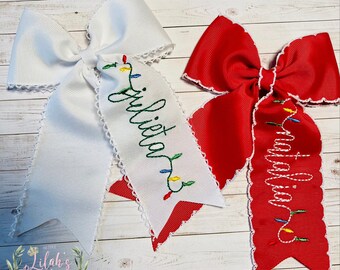Custom embroidered name in Christmas lights personalized boutique hair bow