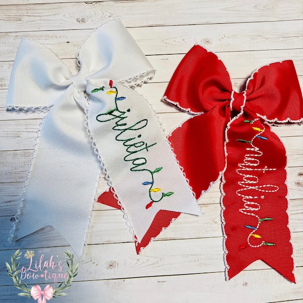 Custom embroidered name in Christmas lights personalized boutique hair bow