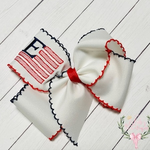 Custom embroidered personalized patriotic, 4th of July, American flag with initial boutique moonstitch ribbon hair bow