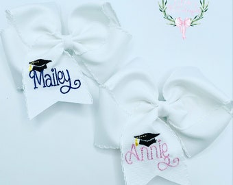 Custom embroidered personalized graduation moonstitch ribbon hair bow preschool, kindergarten, high school, college