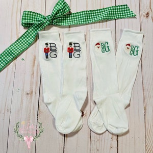 Custom embroidered monogrammed cotton Christmas knee socks, nutcracker, Santa, candy canes, Christmas tree