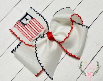 Custom embroidered personalized patriotic, 4th of July, American flag with initial boutique moonstitch ribbon hair bow