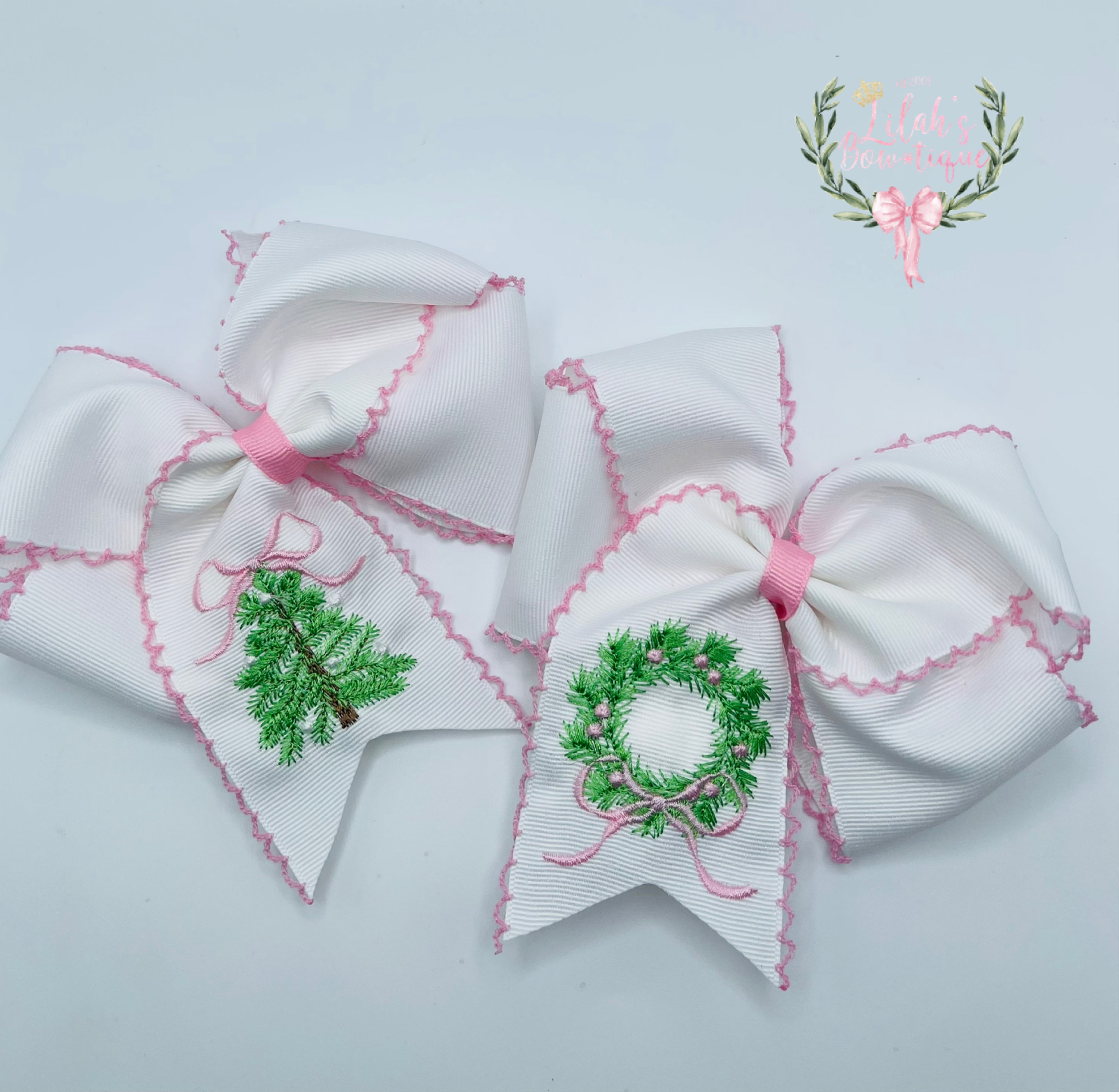 Custom Embroidered Pink Christmas Tree or Wreath Moonstitch Ribbon Hair ...