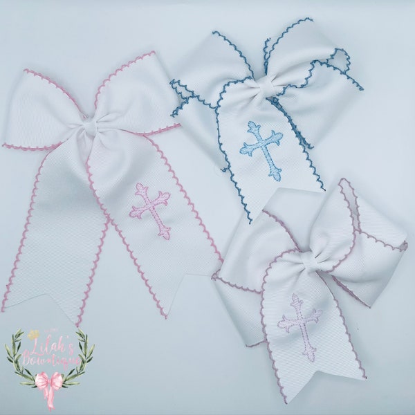 Custom embroidered cross moonstitch ribbon hair bow