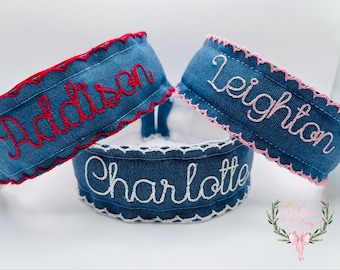 Custom embroidered personalized denim moonstitch ribbon headband