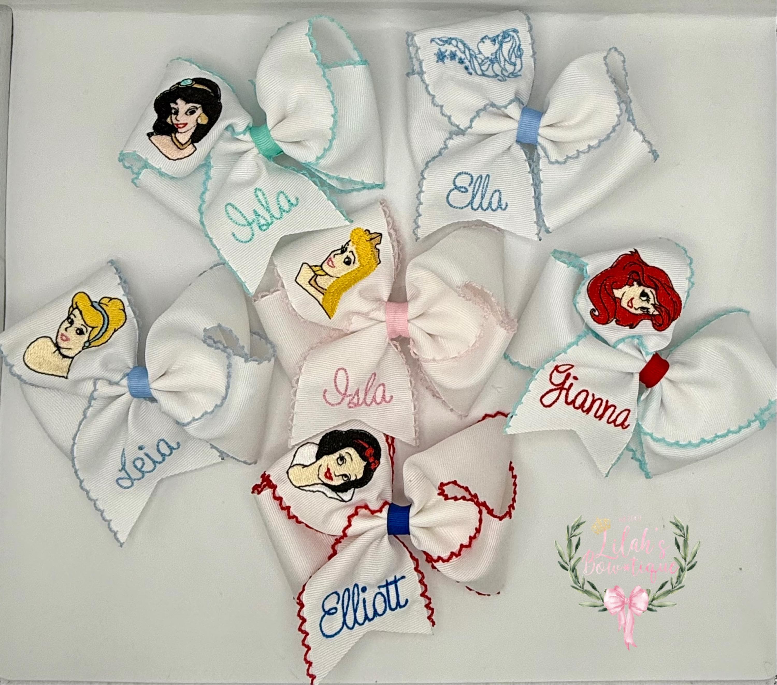 Embroidered Disney personalized  princess moonstitch ribbon hair bow Cinderella, Belle, Snow White, Ariel, Jasmine, Elsa or Aurora
