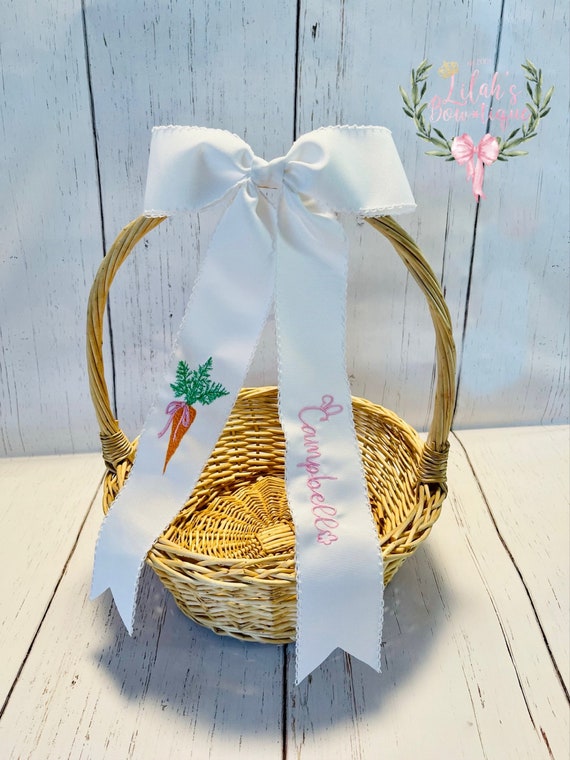 Custom moonstitch ribbon personalized monogrammed Easter basket bow.  You chose, Peter Rabbit, Easter Bunny, carrot, lamb