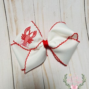 Custom embroidered lobster, crawfish moonstitch ribbon hair bow