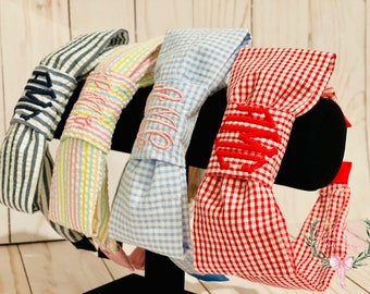 Custom monogrammed seersucker bow headband. Perfect for girls and women