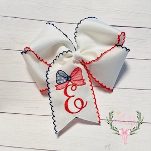 Custom embroidered patriotic bow topped initial 4th of July  moonstitch ribbon hair bow
