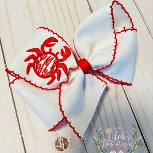 Custom embroidered personalized monogrammed summer crab moonstitch ribbon hair bow