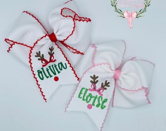 Custom embroidered Christmas personalized reindeer moonstitch ribbon hair bow