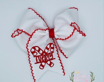 Custom embroidered Christmas candy cane personalized moonstitch ribbon hair bow